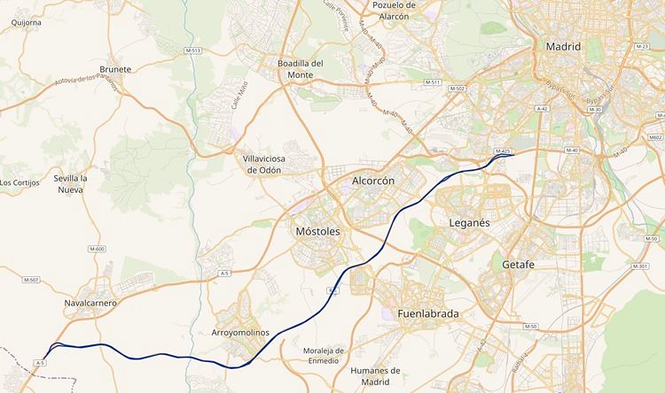 mapa general del recorrido de la autopista Radial 5 en la Comunidad de Madrid