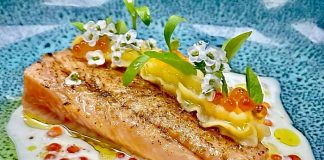 Trucha curada y tibia al fuego alta cocina a precio asequible del restaurante El Quinto Sabor en Villaviciosa de Odon cerca de Boadilla del Monte 2023