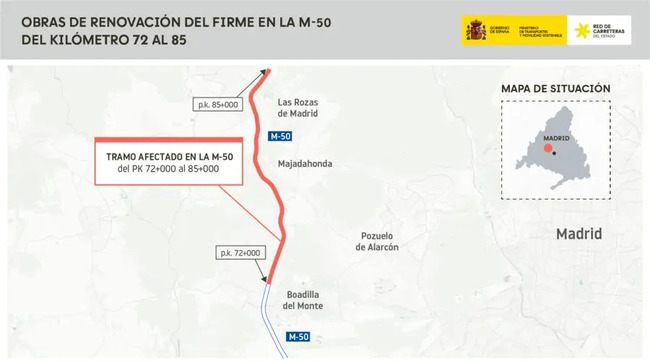 Reanudada la rehabilitación de la M-50 entre Boadilla del Monte y Las Rozas con una inversión de 13,8 millones de euros
